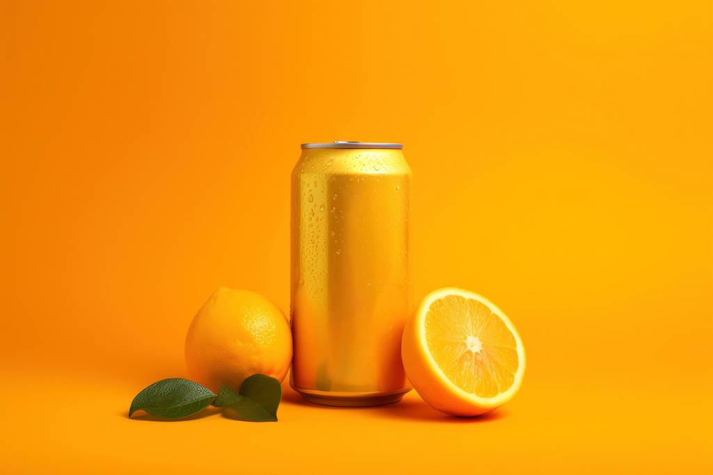 Realistic orange color iron can. Mock up for your promo design with oranges and leaves. Created using generative AI.