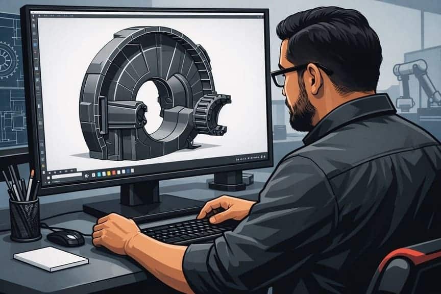 Executive comic-style illustration representing engineering companies and mechanical design firms in Johnson City Tennessee seeking structured web development and marketing systems.