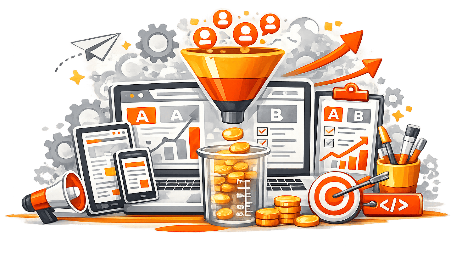 Illustration representing conversion rate optimization with funnel visualization, A/B testing screens, analytics charts, and performance growth elements.