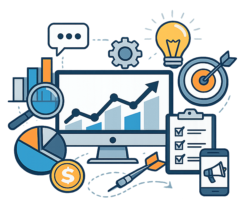 Abstract illustration representing digital systems, analytics, strategy and performance marketing.