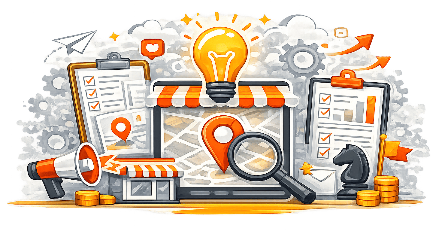 Illustration of local SEO featuring map location pin, storefront, mobile search interface, and local search optimization elements.