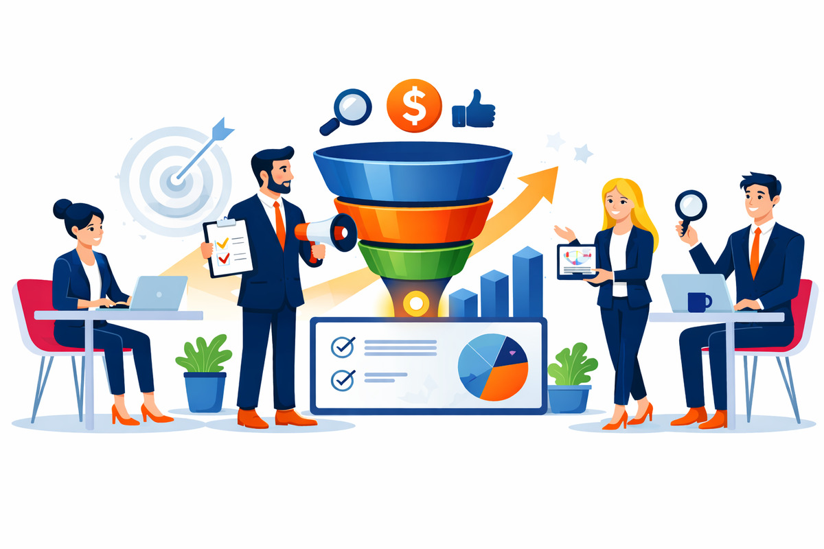 Illustration showing a performance marketing workflow with team collaboration, planning, and execution