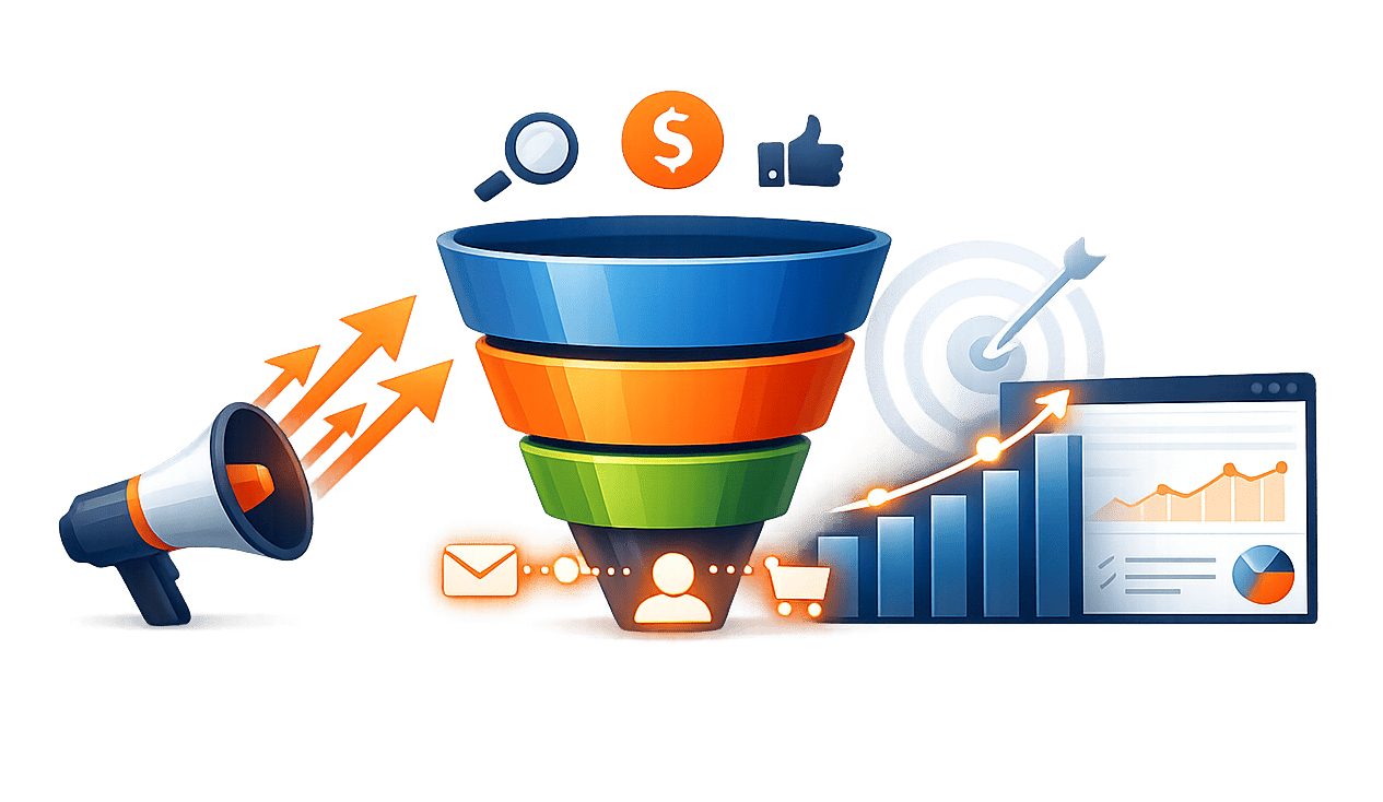 Performance marketing illustration showing demand generation, conversion funnel, and analytics