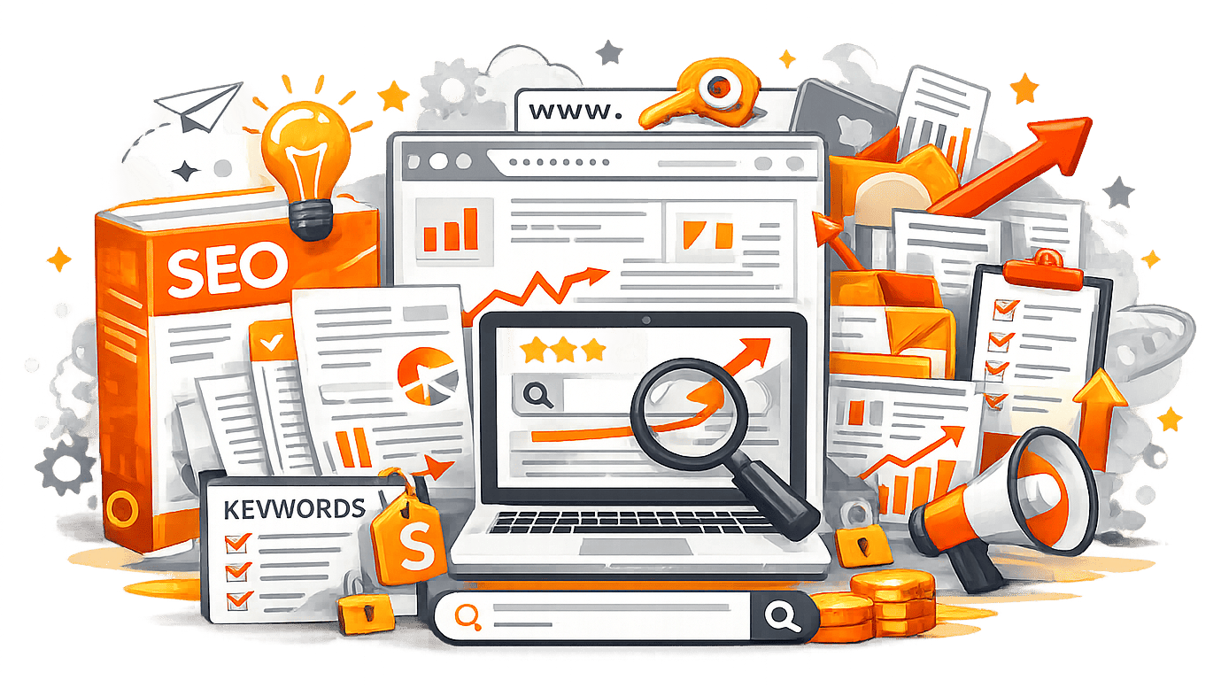 Illustration showing SEO and content strategy including keyword research, search optimization, analytics dashboards, and content planning elements in orange and gray.