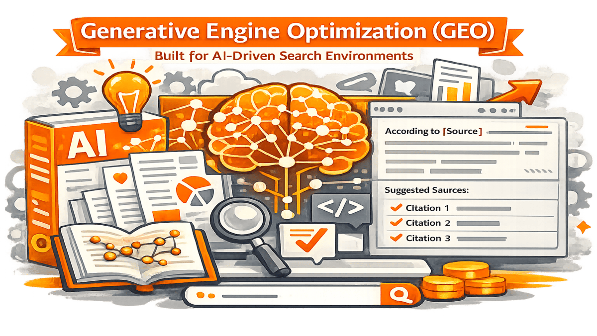 Illustration representing Generative Engine Optimization (GEO) with AI-driven search, semantic content connections and citation-based knowledge systems.